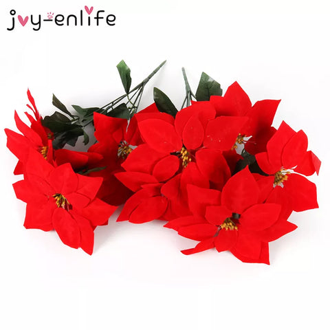 1pcs Real Touch Flannel Artificial Big Red Flowers Head Bouquet Christmas Red Poinsettia Bushes Bouquets Christmas Tree Ornament