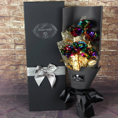 24K Foil Plated Gold Rose Bouquet Proposal Gift Flowers Box Wedding Decor Valentine Day