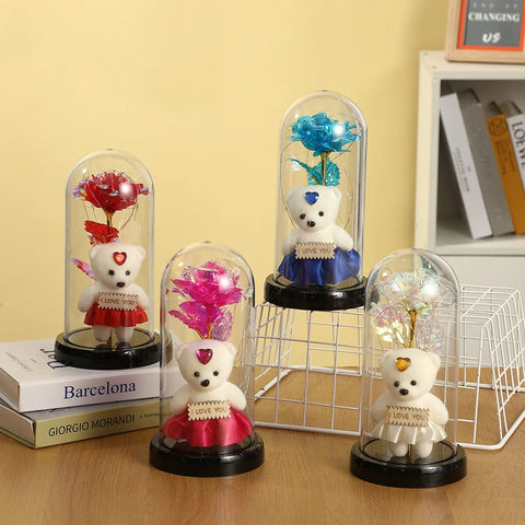 Valentines Day Gift for Girlfriend Eternal Bear Rose LED Light Foil Flower In Glass Cover