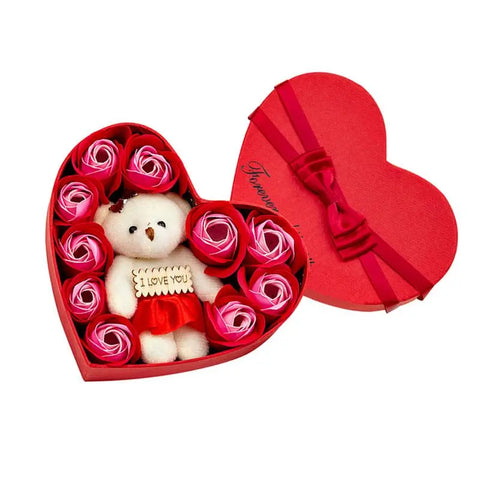 10 Heart-shape Soap Flower Gift Box Valentines Day Scented Rose Petals with Bear