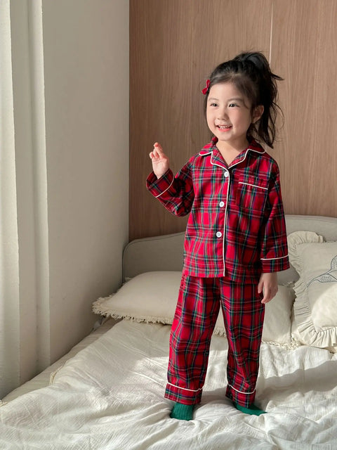 Christmas Kids Pajamas Long Sleeve Clothes Sets 2025 Autumn Baby Boys Girls Cotton Plaid Pajamas Suit Children Home Wear Clothes