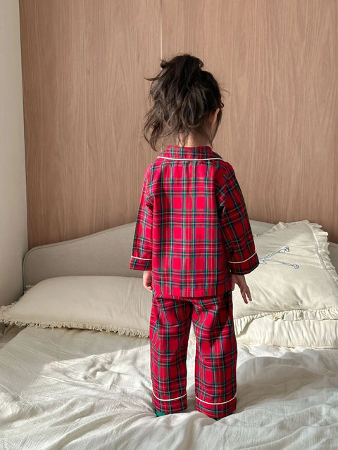 Christmas Kids Pajamas Long Sleeve Clothes Sets 2025 Autumn Baby Boys Girls Cotton Plaid Pajamas Suit Children Home Wear Clothes