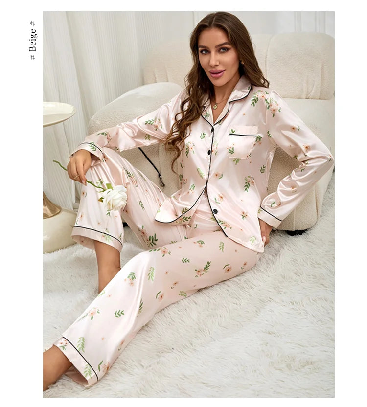 Women’s Satin Pajama Set – Heart Print Button-Down Sleepwear