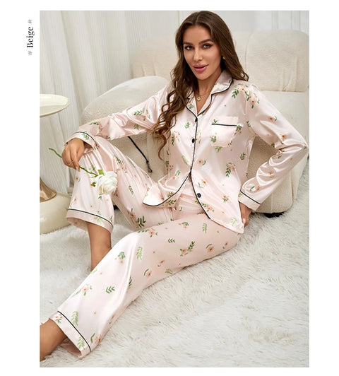 Women’s Satin Pajama Set – Heart Print Button-Down Sleepwear
