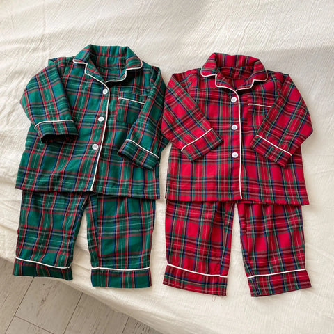 Christmas Kids Pajamas Long Sleeve Clothes Sets 2025 Autumn Baby Boys Girls Cotton Plaid Pajamas Suit Children Home Wear Clothes