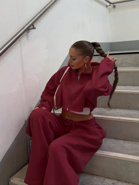 Women Hooded Zip-up Cropped Sweatshirt and Long Pants 2 Piece Sets 2025 Autumn Casual Hoodies Sweatpants Suit Tracksuits