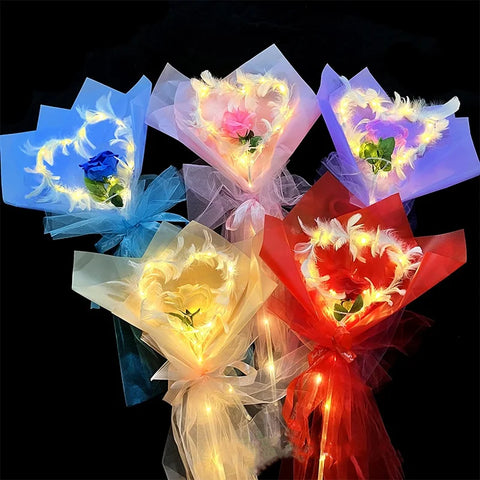 LED Luminous Rose Artificial Rose Flower Bouquet with Lights String Valentines Day Rose Flower Gifts