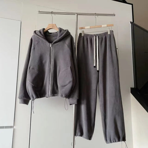 Women's Casual Sporty Hoodie Set Double-Faced Fleece Jacket Sweatpants Two-Piece Set High Waist A-Line Skirt Long Sleeve