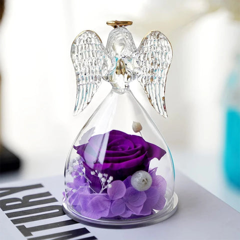 Angel Rose Gifts for Eternal Flower in Angel Figurines Glass Cover With LED Light Valentine's Day Gift