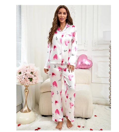 Women’s Satin Pajama Set – Heart Print Button-Down Sleepwear