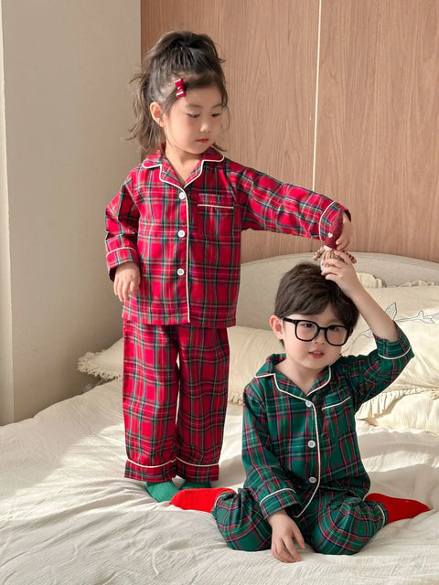 Christmas Kids Pajamas Long Sleeve Clothes Sets 2025 Autumn Baby Boys Girls Cotton Plaid Pajamas Suit Children Home Wear Clothes