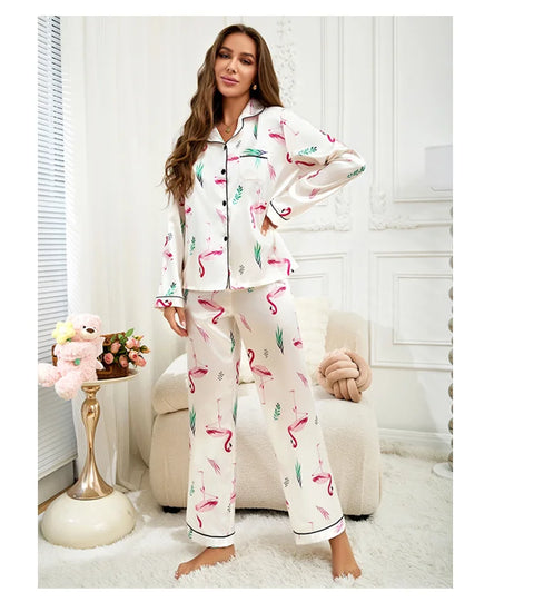 Women’s Satin Pajama Set – Heart Print Button-Down Sleepwear