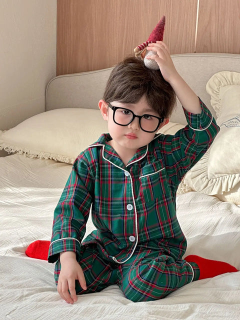 Christmas Kids Pajamas Long Sleeve Clothes Sets 2025 Autumn Baby Boys Girls Cotton Plaid Pajamas Suit Children Home Wear Clothes