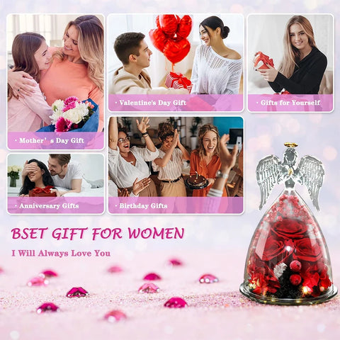 Angel Rose Gifts for Eternal Flower in Angel Figurines Glass Cover With LED Light Valentine's Day Gift