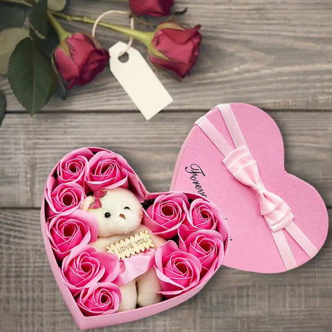 10 Heart-shape Soap Flower Gift Box Valentines Day Scented Rose Petals with Bear