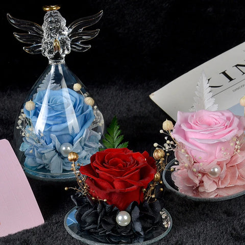 1 Set Little Angel Preserved Roses In Glass Forever Eternal Rose Flower Christmas Birthday Valentine Day