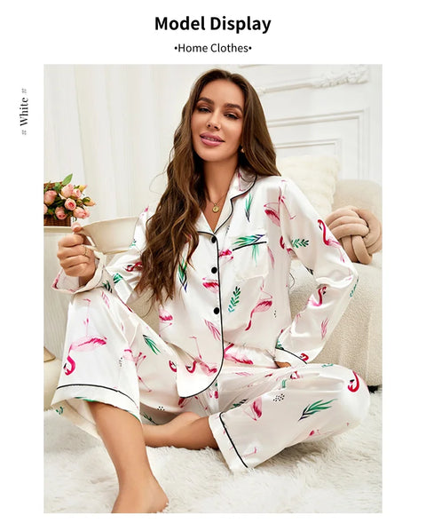 Women’s Satin Pajama Set – Heart Print Button-Down Sleepwear