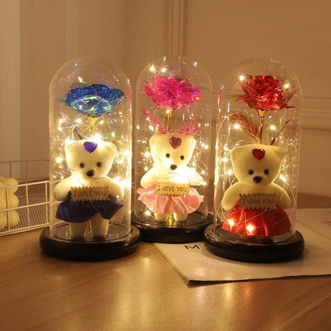 Valentines Day Gift for Girlfriend Eternal Bear Rose LED Light Foil Flower In Glass Cover