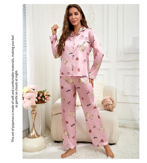 Women’s Satin Pajama Set – Heart Print Button-Down Sleepwear