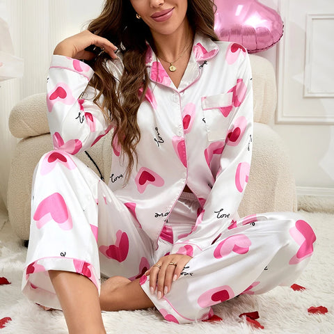 Women’s Satin Pajama Set – Heart Print Button-Down Sleepwear