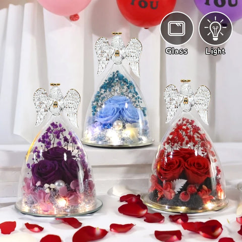 Angel Rose Gifts for Eternal Flower in Angel Figurines Glass Cover With LED Light Valentine's Day Gift