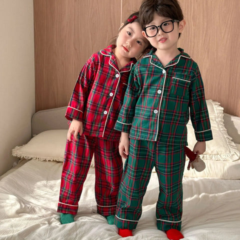 Christmas Kids Pajamas Long Sleeve Clothes Sets 2025 Autumn Baby Boys Girls Cotton Plaid Pajamas Suit Children Home Wear Clothes