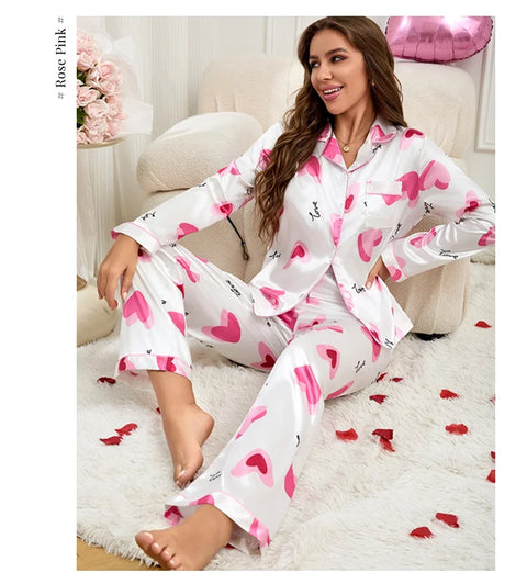 Women’s Satin Pajama Set – Heart Print Button-Down Sleepwear