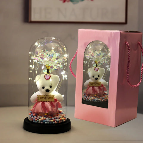 Valentines Day Gift for Girlfriend Eternal Bear Rose LED Light Foil Flower In Glass Cover