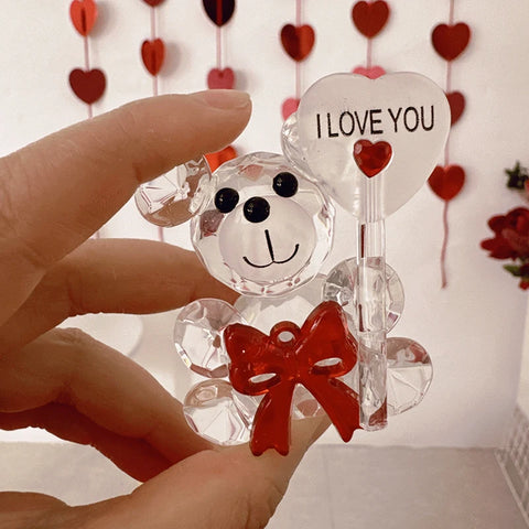 I Love You Crystal Bear Valentines Day Gift Glass Artificial Rose Flower Mothers Day Wedding Party