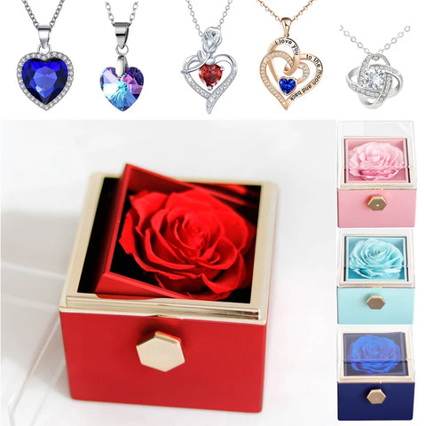 Gifts for Girlfriend Rotating Eternal Rose Gift Box Necklace Set Preserved Flower Jewelry Box For Valentine