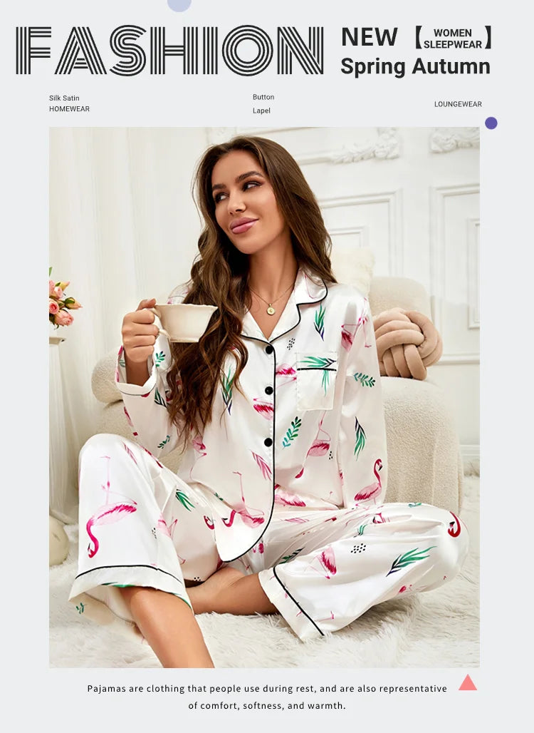 Women’s Satin Pajama Set – Heart Print Button-Down Sleepwear