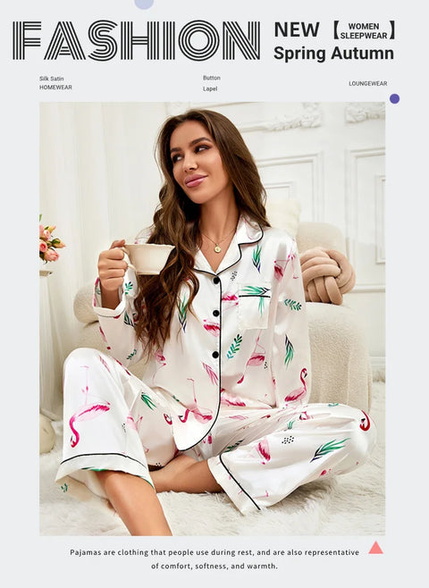 Women’s Satin Pajama Set – Heart Print Button-Down Sleepwear