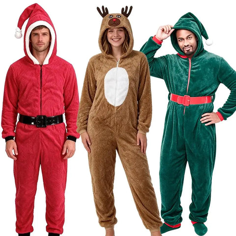 Couple Christmas Costume Pajamas Adult Holiday Coral Fleece Hooded Costumes Party Loungewear Pajamas Casual Nightwear Sets