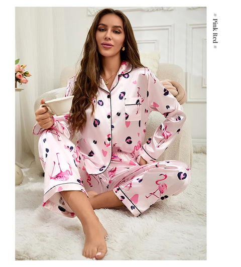 Women’s Satin Pajama Set – Heart Print Button-Down Sleepwear