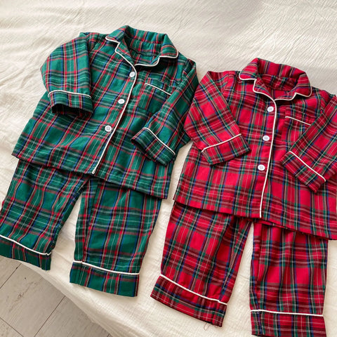 Christmas Kids Pajamas Long Sleeve Clothes Sets 2025 Autumn Baby Boys Girls Cotton Plaid Pajamas Suit Children Home Wear Clothes