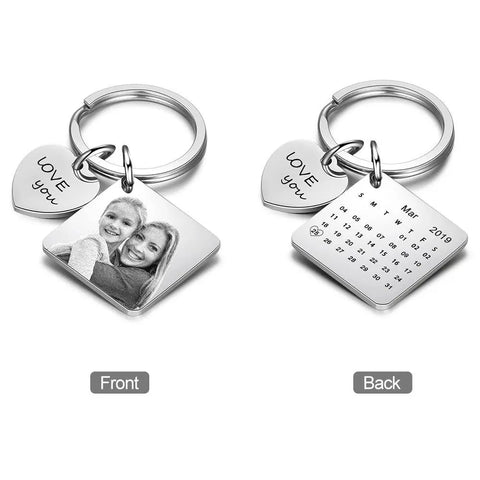 Photo Heart Name Personalized Key Chain Text Engraved Calendar Date
