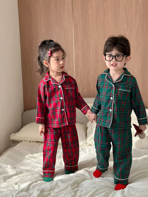 Christmas Kids Pajamas Long Sleeve Clothes Sets 2025 Autumn Baby Boys Girls Cotton Plaid Pajamas Suit Children Home Wear Clothes