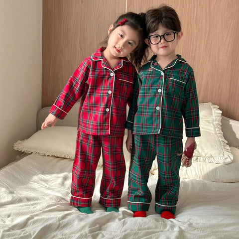 Christmas Kids Pajamas Long Sleeve Clothes Sets 2025 Autumn Baby Boys Girls Cotton Plaid Pajamas Suit Children Home Wear Clothes