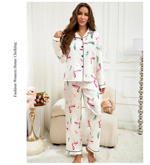 Women’s Satin Pajama Set – Heart Print Button-Down Sleepwear