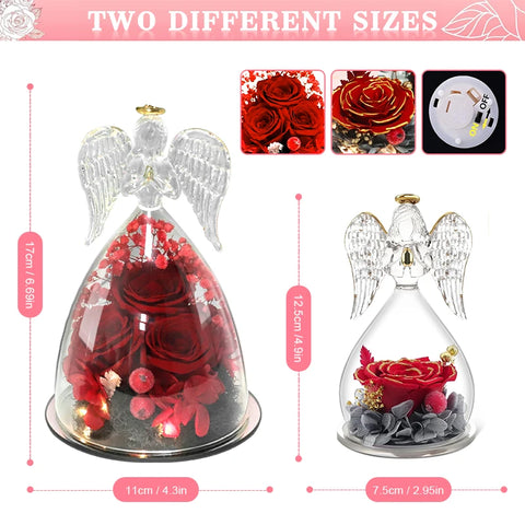 Angel Rose Gifts for Eternal Flower in Angel Figurines Glass Cover With LED Light Valentine's Day Gift