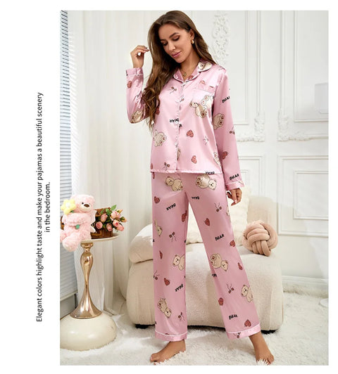 Women’s Satin Pajama Set – Heart Print Button-Down Sleepwear