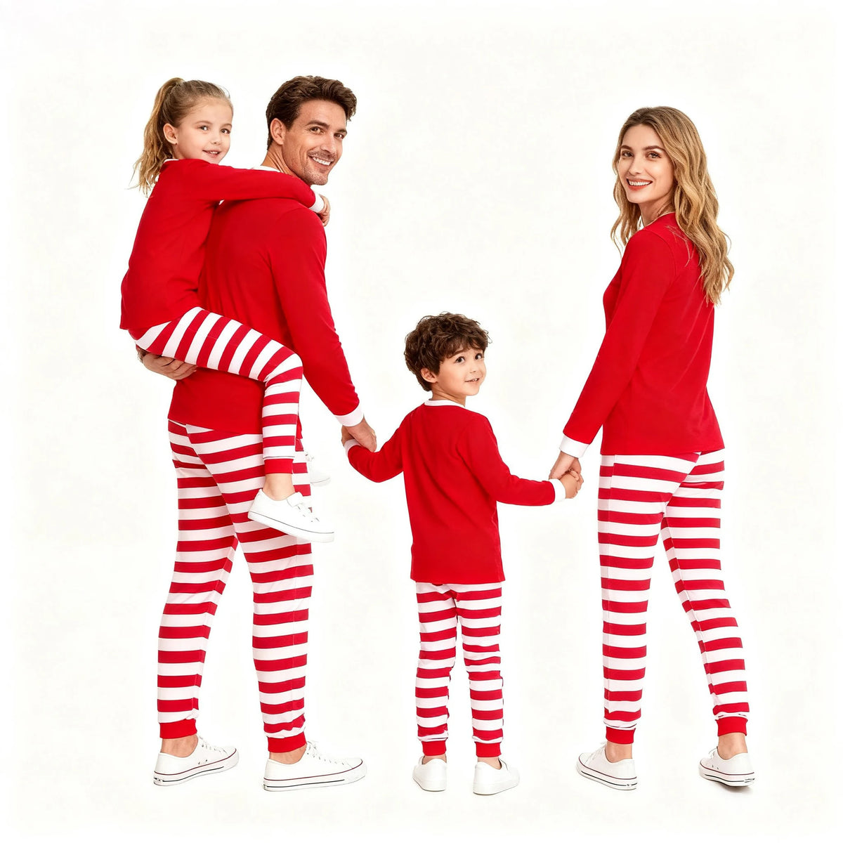 Family Christmas Matching Pajamas Sets Red Top with Striped Pants Long Sleeve Sleepwear for Dad Mom Kids Xmas Loungewear Outfits