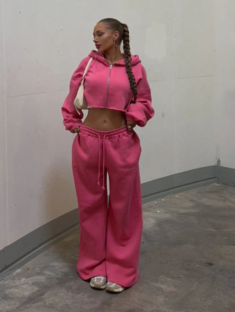 Women Hooded Zip-up Cropped Sweatshirt and Long Pants 2 Piece Sets 2025 Autumn Casual Hoodies Sweatpants Suit Tracksuits
