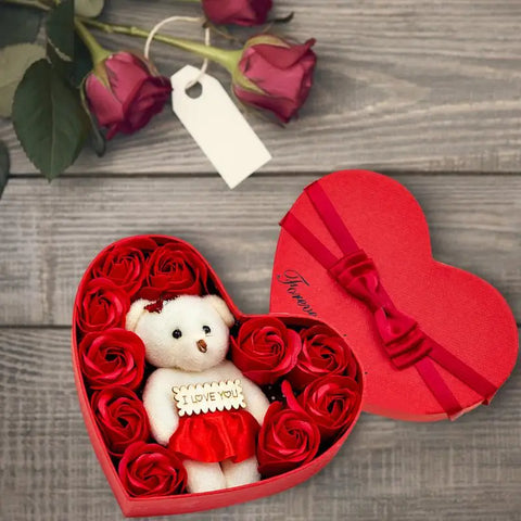 10 Heart-shape Soap Flower Gift Box Valentines Day Scented Rose Petals with Bear