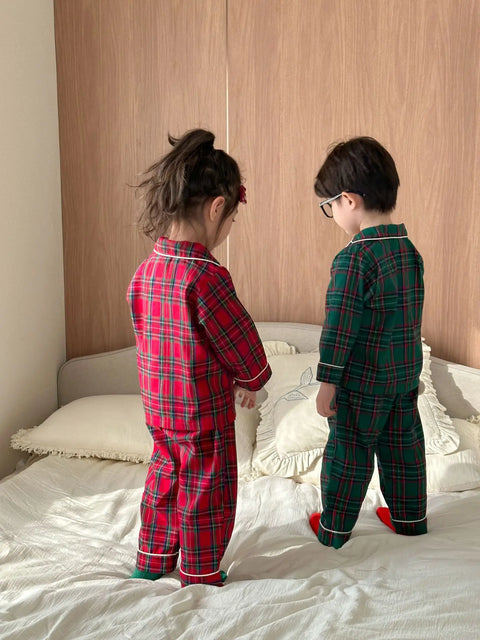 Christmas Kids Pajamas Long Sleeve Clothes Sets 2025 Autumn Baby Boys Girls Cotton Plaid Pajamas Suit Children Home Wear Clothes