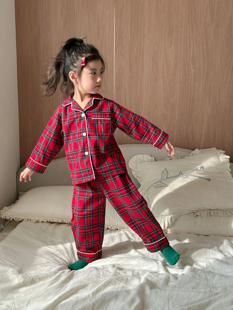 Christmas Kids Pajamas Long Sleeve Clothes Sets 2025 Autumn Baby Boys Girls Cotton Plaid Pajamas Suit Children Home Wear Clothes