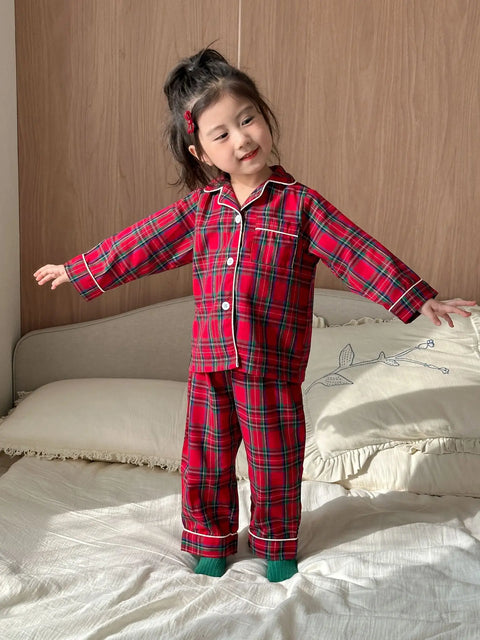 Christmas Kids Pajamas Long Sleeve Clothes Sets 2025 Autumn Baby Boys Girls Cotton Plaid Pajamas Suit Children Home Wear Clothes