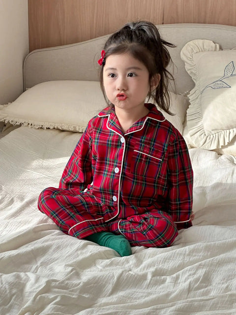 Christmas Kids Pajamas Long Sleeve Clothes Sets 2025 Autumn Baby Boys Girls Cotton Plaid Pajamas Suit Children Home Wear Clothes