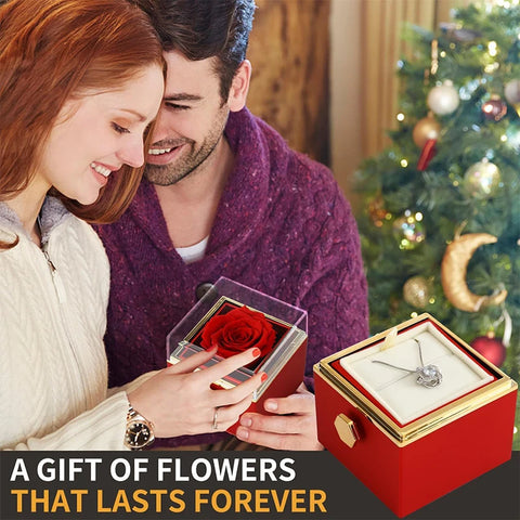 Gifts for Girlfriend Rotating Eternal Rose Gift Box Necklace Set Preserved Flower Jewelry Box For Valentine