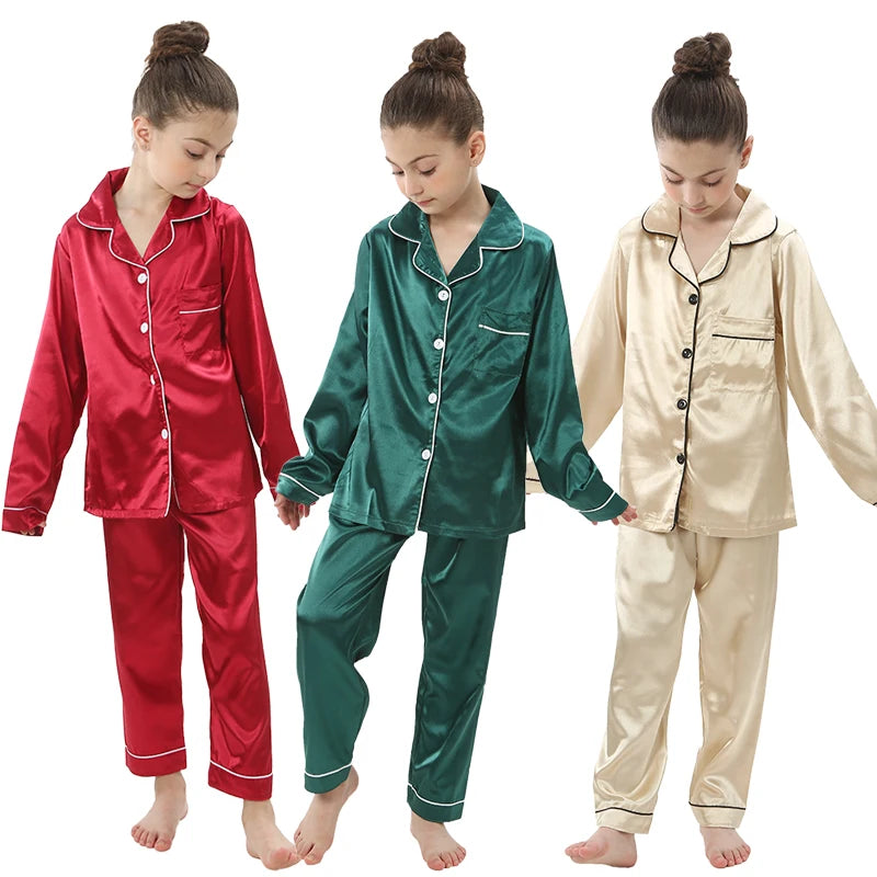 Christmas Pajamas for Boys Girls Red Green Gold Pijamas 2-13 Years Kids Sleepwear Children Satin Pyajams Toddler Silky Nightwear